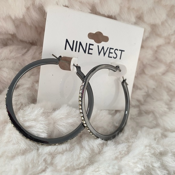 Nine West Gun Black With Rhinestone Hoop Earrings NWT - Picture 8 of 11